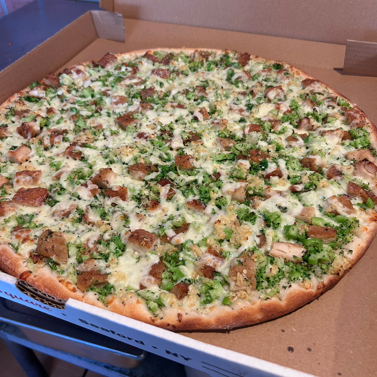 Chicken Broccoli Pizza.